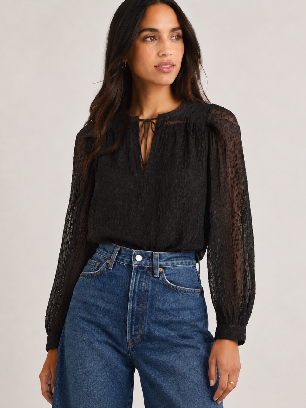 Rebecca Taylor - Textured Silk Blend Tie-Neck Blouse - Black